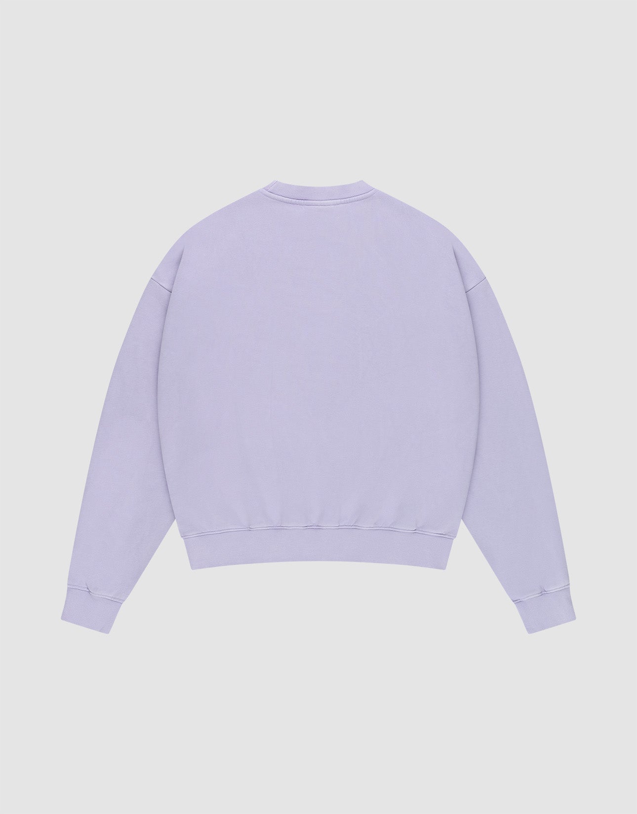 The LIVE FAST DIE YOUNG Triple Sweater, a plain light purple cotton sweatshirt with long sleeves, ribbed cuffs, and waistband, is shown flat from the back against a white background.