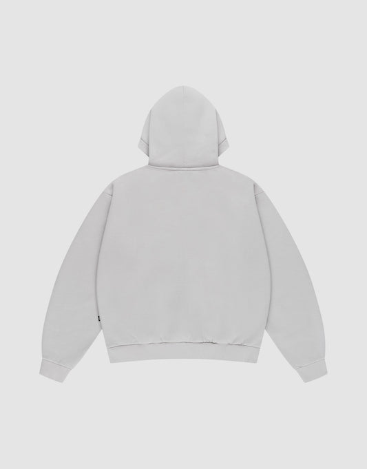The LIVE FAST DIE YOUNG Basic Blank Hooded is an oversized, plain light gray sweatshirt with a hood, long sleeves, ribbed cuffs, and subtle topstitching. Made from soft Baumwolle for comfort. Shown from the back against a white background.