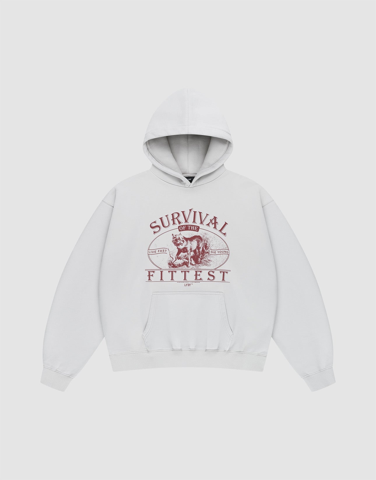 The LIVE FAST DIE YOUNG Survival Hooded is an oversize white cotton hoodie with a maroon bear front print, "Survival of the Fittest" across the chest, and a roomy front pocket. | plain