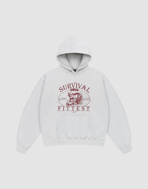 The LIVE FAST DIE YOUNG Survival Hooded is an oversize white cotton hoodie with a maroon bear front print, "Survival of the Fittest" across the chest, and a roomy front pocket. | plain