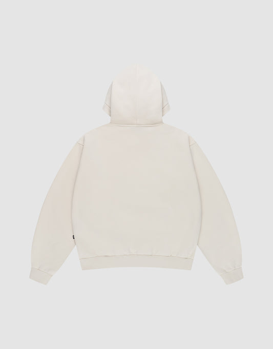 The LIVE FAST DIE YOUNG Basic Blank Hooded is an oversized, light beige hoodie made from soft Baumwolle, shown from the back on a white background with long sleeves, ribbed cuffs and waistband, and no visible logos or designs.