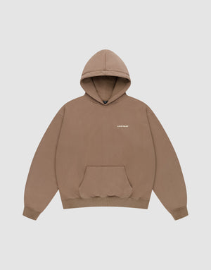 The Live Fast Plain Hooded by LIVE FAST DIE YOUNG is a brown oversized sweatshirt with a front pocket and small white “LUF FIRST” print on the left chest, made from soft Baumwolle and shown on a light gray background. | plain