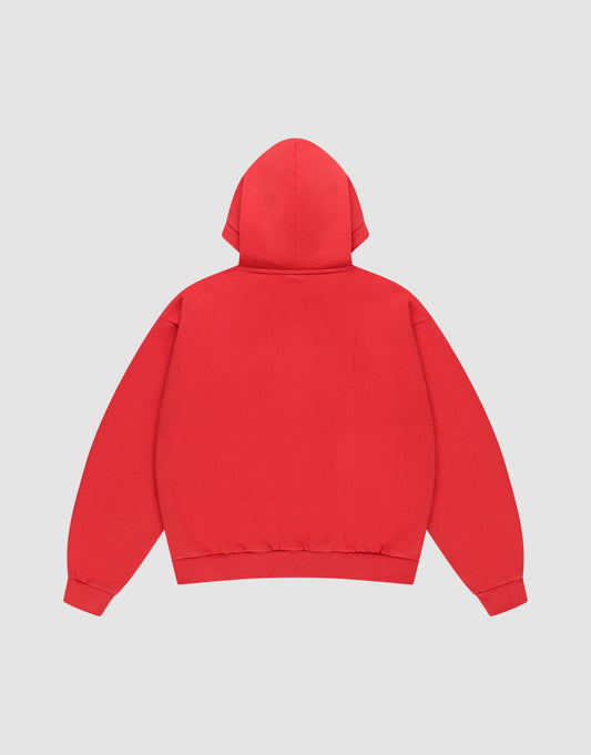 The Live Fast Fractured Hooded by LIVE FAST DIE YOUNG is a plain red oversize fit hoodie with long sleeves, ribbed cuffs and waistband, and a double-layer hood, made from a cotton polyester blend. Shown from the back on a light gray background.
