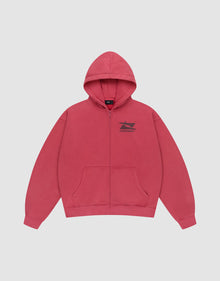 The Live Fast Sweatsuit Jacket by LIVE FAST DIE YOUNG is a pink oversized zip-up hoodie with front pockets, a hood, and a small black boat graphic with "LIVE FAST" on the left chest, displayed on a light gray background. | plain