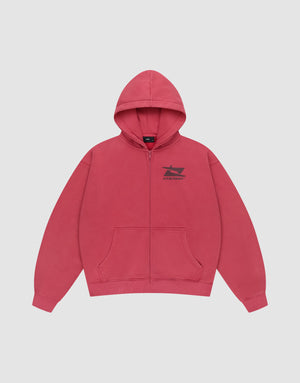The Live Fast Sweatsuit Jacket by LIVE FAST DIE YOUNG is a pink oversized zip-up hoodie with front pockets, a hood, and a small black boat graphic with "LIVE FAST" on the left chest, displayed on a light gray background. | plain