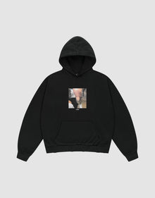 The LFDY Sharkhunter Hooded by LIVE FAST DIE YOUNG is a black oversized hoodie made from soft Baumwolle, featuring front and back prints, a pouch pocket, and a centered graphic with "LIFE" on the chest. | plain