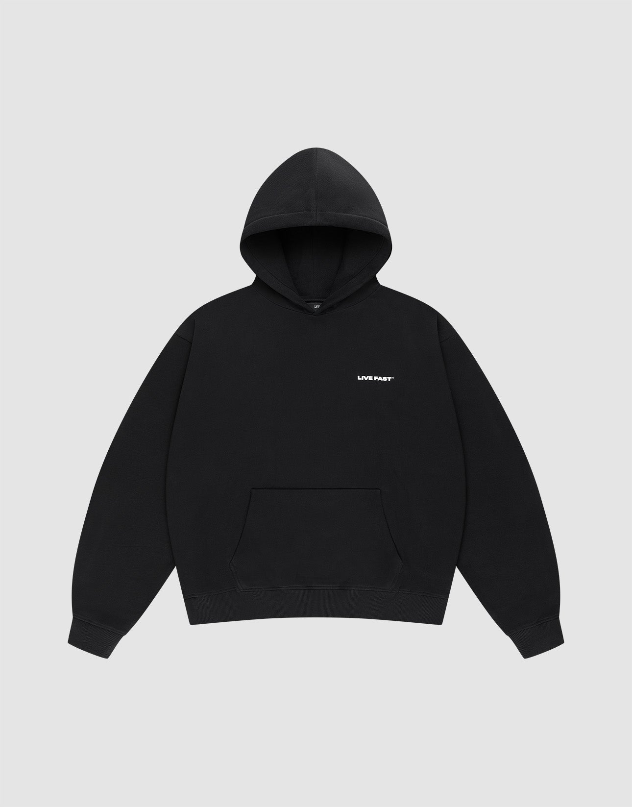 The Live Fast Plain Hooded by LIVE FAST DIE YOUNG is a black cotton hoodie with a front pocket and a small white "LVM PART" print on the left chest, shown against a light gray background.