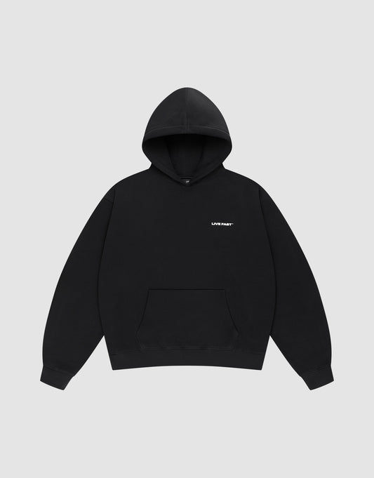 The Live Fast Plain Hooded by LIVE FAST DIE YOUNG is a black cotton hoodie with a front pocket and a small white "LVM PART" print on the left chest, shown against a light gray background. | plain
