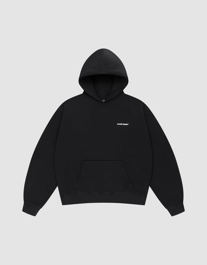 The Live Fast Plain Hooded by LIVE FAST DIE YOUNG is a black cotton hoodie with a front pocket and a small white "LVM PART" print on the left chest, shown against a light gray background. | plain