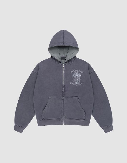 The LFDY Cross Hooded Zip by LIVE FAST DIE YOUNG is a gray oversized hoodie with a front pocket, hood, and white left-chest graphic. It features comfy waffle innenfutter for warmth and is shown laid flat on a plain light background.