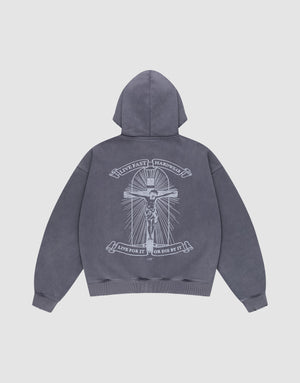 The LFDY Cross Hooded Zip by LIVE FAST DIE YOUNG is a gray oversized hoodie with a bold white skeleton-on-cross graphic, "LIVE FAST HARDWEAR" above, and banners below reading "LIVE FOR IT OR DIE BY IT," plus subtle distress details. | plain
