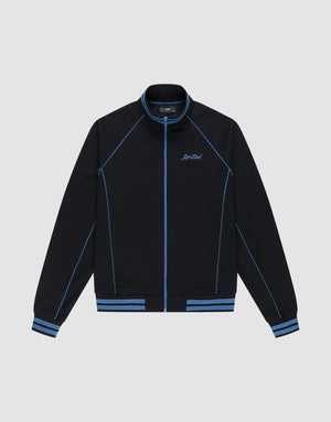 The Live Fast Tracksuit Jacket by LIVE FAST DIE YOUNG is a black zip-up with blue piping, blue-striped cuffs and hem, Raglan sleeves, and a Saint Paul logo stitched on the left chest, shown on a plain gray background. | plain