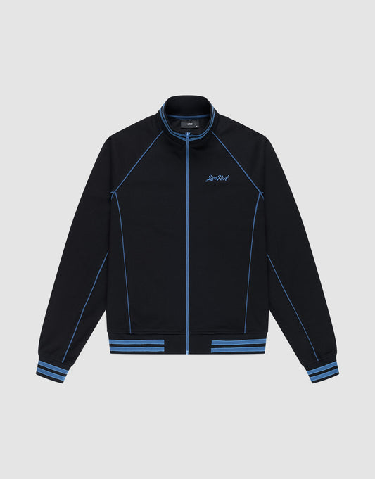 The Live Fast Tracksuit Jacket by LIVE FAST DIE YOUNG is a black zip-up with blue piping, blue-striped cuffs and hem, Raglan sleeves, and a Saint Paul logo stitched on the left chest, shown on a plain gray background. | plain