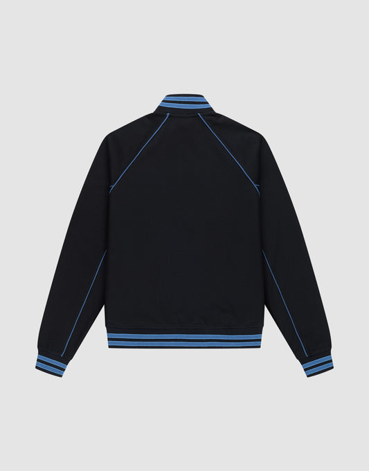 The LIVE FAST DIE YOUNG Live Fast Tracksuit Jacket is shown from the back in black with blue piping, Raglan sleeves, and blue striped cuffs, hem, and collar against a light gray background.