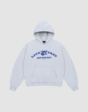 The Live Fast Beware Hooded by LIVE FAST DIE YOUNG is a light gray oversize fit hoodie with a front pouch pocket, bold blue snarling wildcat graphic, and "LIVE FAST BEWARE" on the chest. Made from 100% Baumwolle for maximum comfort. | plain