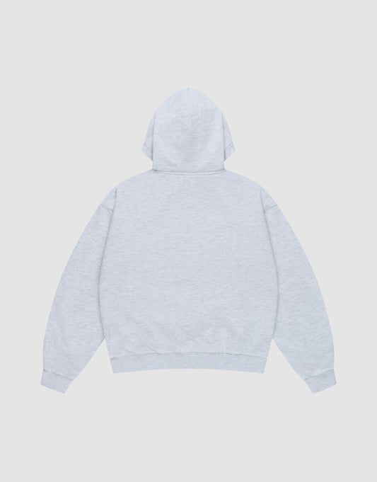 A plain light gray LIVE FAST DIE YOUNG "Live Fast Beware Hooded" oversize fit hoodie is displayed flat, back up, against a white background. The double-layer hoodie has long sleeves and no visible designs or text.