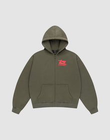 The Live Fast Sweatsuit Jacket by LIVE FAST DIE YOUNG is an olive green zip-up hoodie with front pockets, a hood, and a small red star graphic with “LIVE FAST” on the left chest. Shown laid flat on a light gray background. | plain