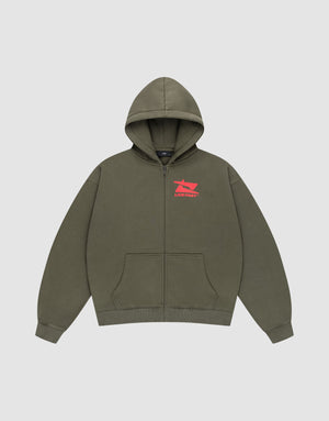 The Live Fast Sweatsuit Jacket by LIVE FAST DIE YOUNG is an olive green zip-up hoodie with front pockets, a hood, and a small red star graphic with “LIVE FAST” on the left chest. Shown laid flat on a light gray background. | plain