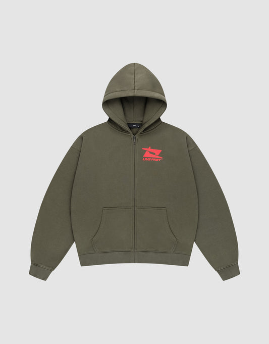 The Live Fast Sweatsuit Jacket by LIVE FAST DIE YOUNG is an olive green zip-up hoodie with front pockets, a hood, and a small red star graphic with “LIVE FAST” on the left chest. Shown laid flat on a light gray background. | plain