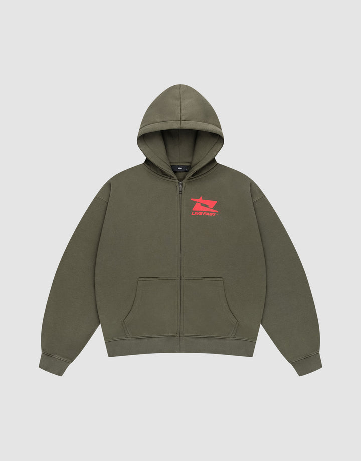 The Live Fast Sweatsuit Jacket by LIVE FAST DIE YOUNG is an olive green zip-up hoodie with front pockets, a hood, and a small red star graphic with “LIVE FAST” on the left chest. Shown laid flat on a light gray background. | plain