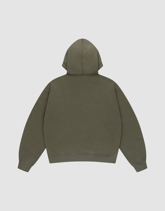 The LIVE FAST DIE YOUNG Live Fast Sweatsuit Jacket in olive green is shown flat on a white background, highlighting its oversized fit, hood, long sleeves, and relaxed silhouette from the back view.