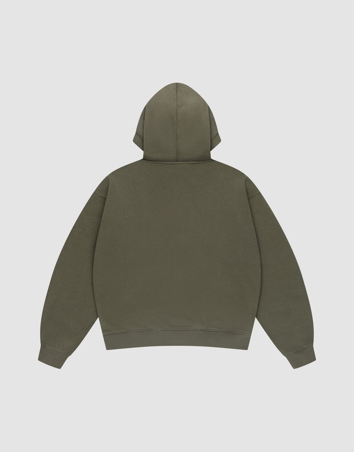 The LIVE FAST DIE YOUNG Live Fast Sweatsuit Jacket in olive green is shown flat on a white background, highlighting its oversized fit, hood, long sleeves, and relaxed silhouette from the back view.