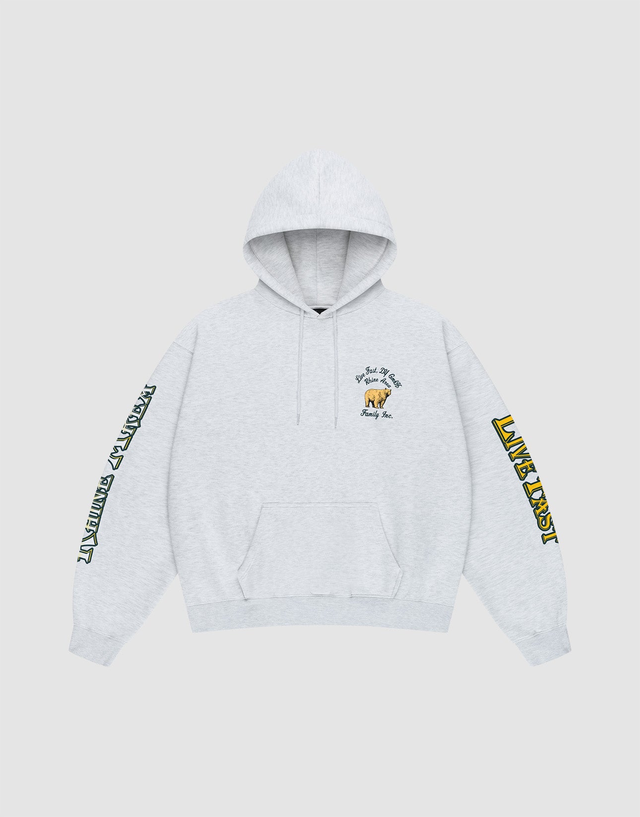 The Rhine Area Hooded by LIVE FAST DIE YOUNG is a light gray oversized-fit hoodie with a drawstring hood, front pocket, small chest graphic and text, yellow LIVE EAST text on the right sleeve, and green details on the left sleeve.