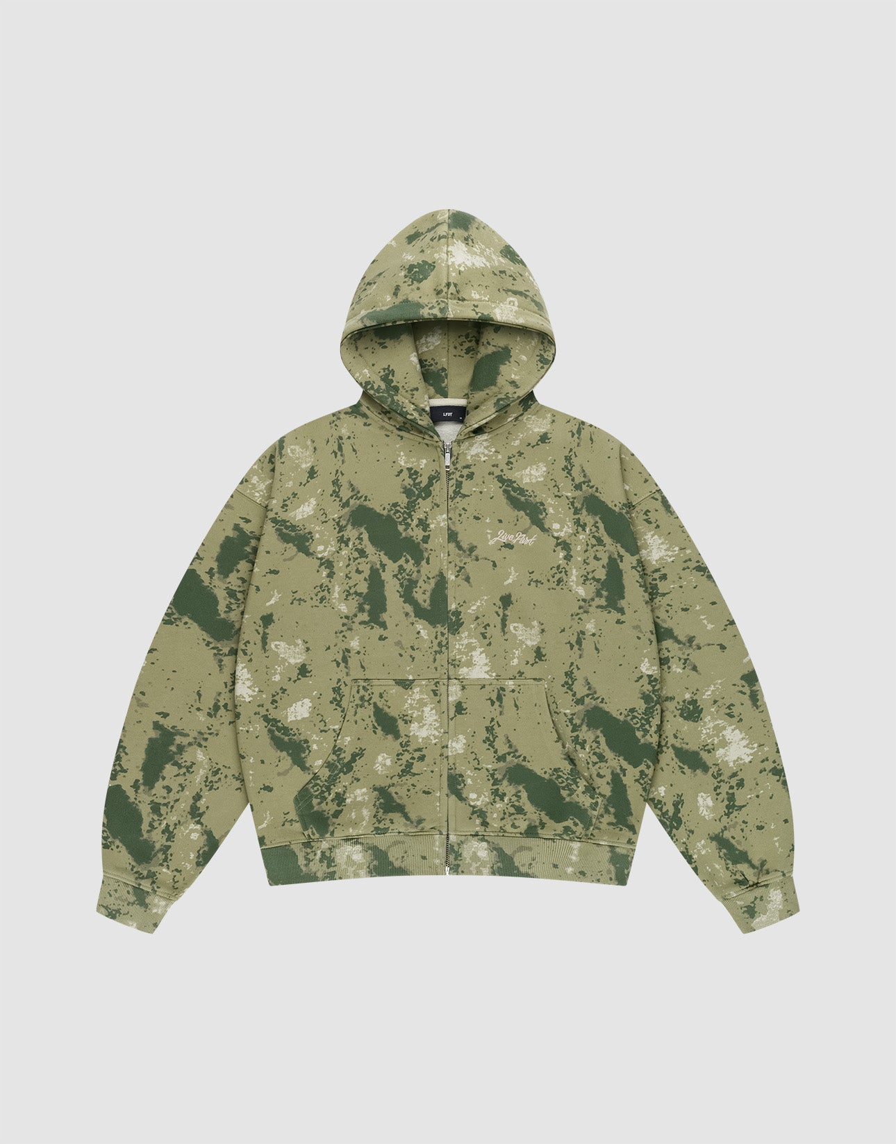The LIVE FAST DIE YOUNG Camo Hooded Zip is a green camouflage zip-up hoodie with an Oversize Fit, front pocket, and hood, shown flat on a white background. | plain