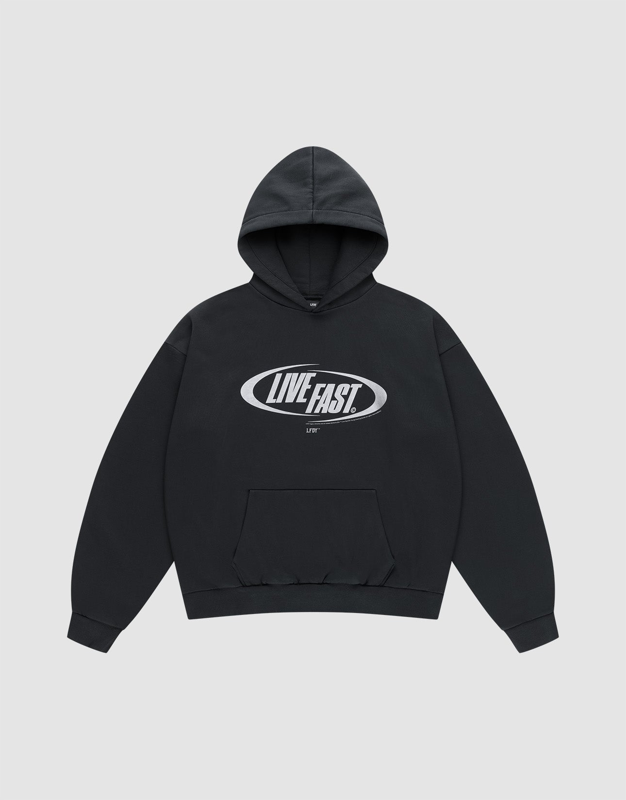 The LFDY Sphere Hooded by LIVE FAST DIE YOUNG is a black oversized hoodie with a front pocket, bold white "LIVE FAST" text inside an oval on the chest, and finished with a silver front print.