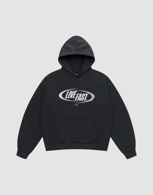 The LFDY Sphere Hooded by LIVE FAST DIE YOUNG is a black oversized hoodie with a front pocket, bold white "LIVE FAST" text inside an oval on the chest, and finished with a silver front print. | plain