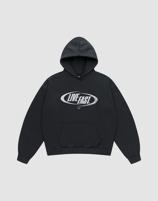 The LFDY Sphere Hooded by LIVE FAST DIE YOUNG is a black oversized hoodie with a front pocket, bold white "LIVE FAST" text inside an oval on the chest, and finished with a silver front print.