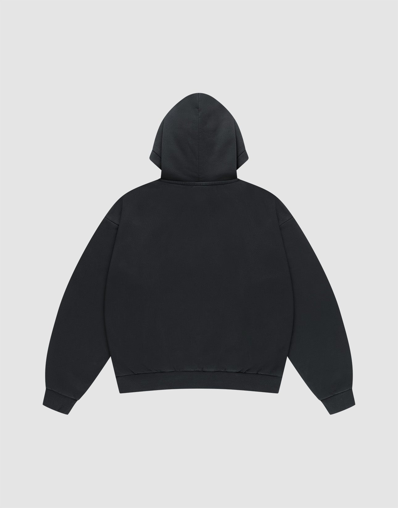 The LFDY Sphere Hooded by LIVE FAST DIE YOUNG in Oversize Fit is displayed flat, back facing up, showing its hood, long sleeves, and ribbed waistband and cuffs against a light gray background.