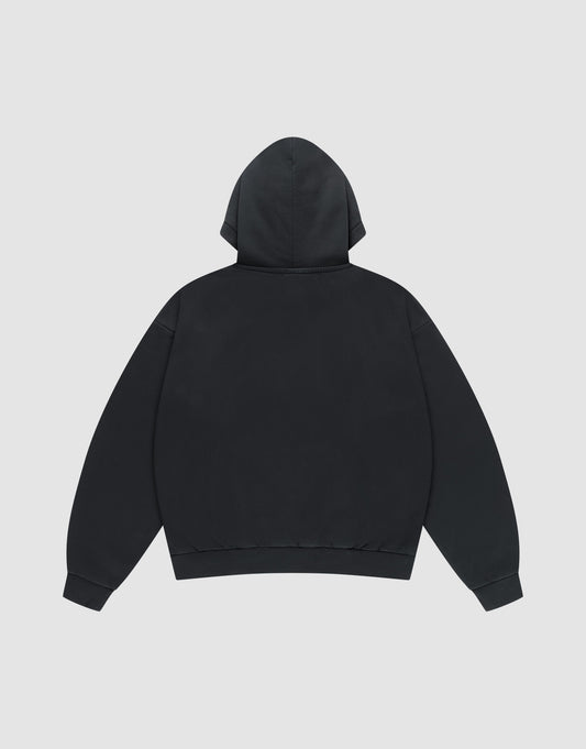 The LFDY Sphere Hooded by LIVE FAST DIE YOUNG in Oversize Fit is displayed flat, back facing up, showing its hood, long sleeves, and ribbed waistband and cuffs against a light gray background.