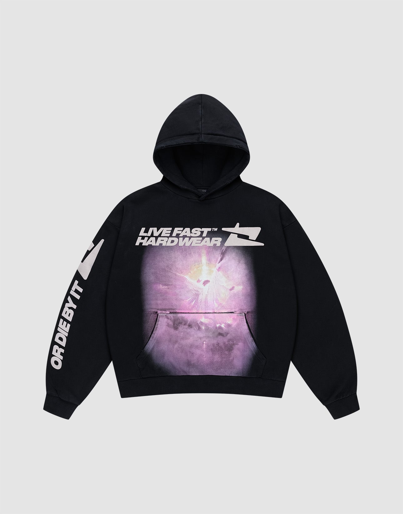 The LFDY Angel Hooded by LIVE FAST DIE YOUNG is a black oversized cotton hoodie with a bold purple cosmic front graphic, "LIVE FAST™ HARDWEAR" above, and "OR DIE BY IT" printed down one sleeve. | plain