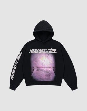 The LFDY Angel Hooded by LIVE FAST DIE YOUNG is a black oversized cotton hoodie with a bold purple cosmic front graphic, "LIVE FAST™ HARDWEAR" above, and "OR DIE BY IT" printed down one sleeve. | plain