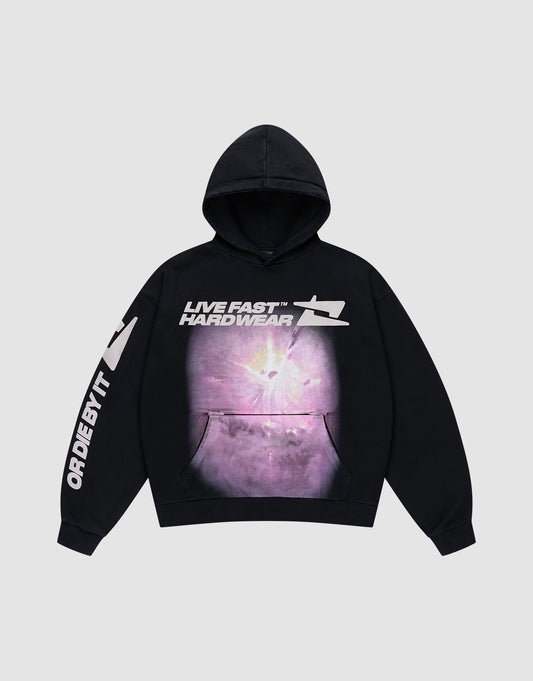The LFDY Angel Hooded by LIVE FAST DIE YOUNG is a black oversized cotton hoodie with a bold purple cosmic front graphic, "LIVE FAST™ HARDWEAR" above, and "OR DIE BY IT" printed down one sleeve. | plain