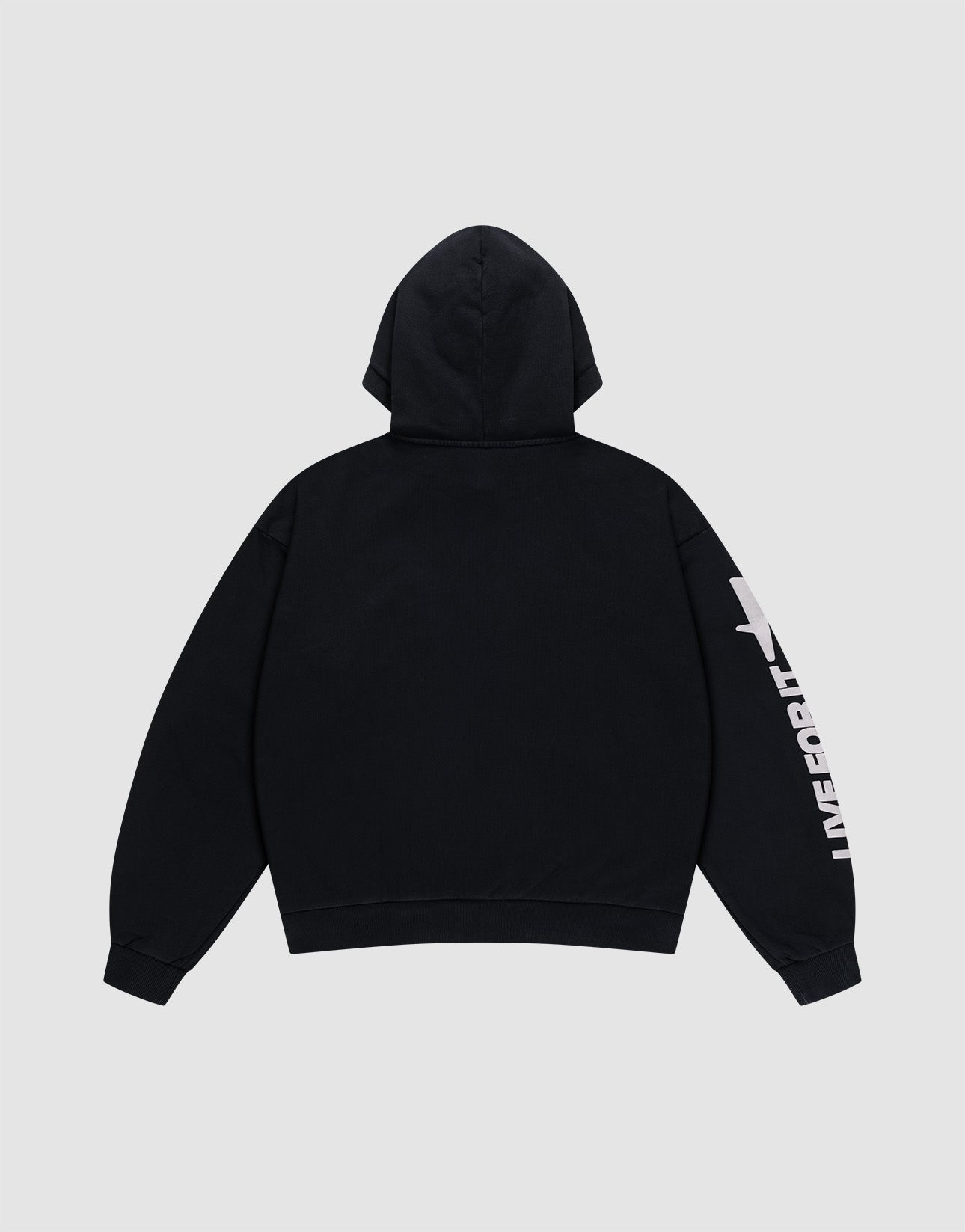 The LFDY Angel Hooded by LIVE FAST DIE YOUNG is a black oversize fit hoodie, shown from the back, featuring bold white UNIFORM text and a graphic on the right sleeve. Made from soft cotton with ribbed cuffs for comfort.