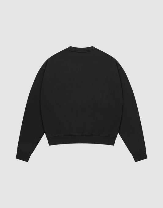 The Fuck Die Young Sweater by LIVE FAST DIE YOUNG is an oversized black crewneck with long sleeves, ribbed cuffs and hem, displayed from the back on a light gray background. Made from a soft cotton-polyester blend for comfort.