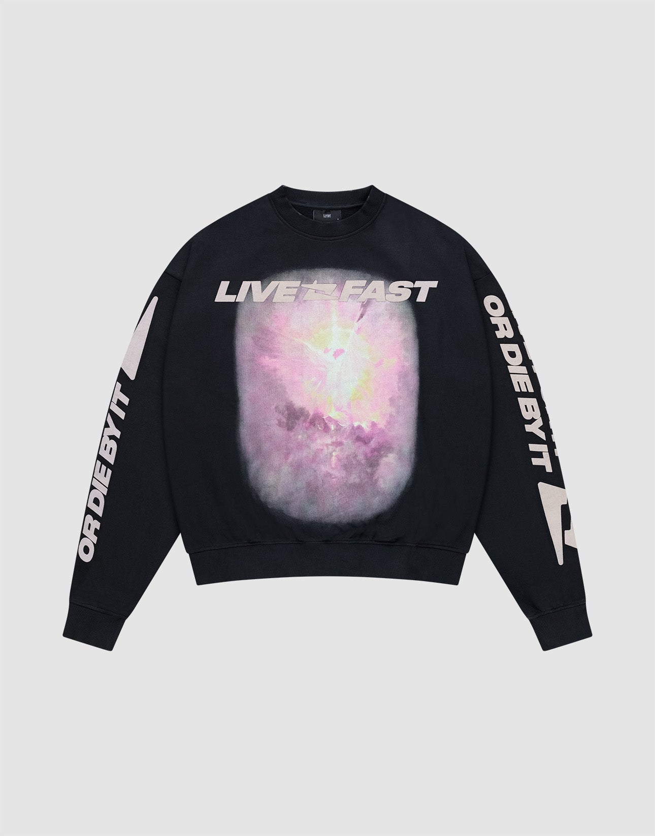 The LFDY Angel Sweater by LIVE FAST DIE YOUNG is a black oversize-fit crewneck in soft Baumwolle, featuring "LIVE FAST" on the chest, a large pastel abstract graphic in the center, and "OR DIE BY IT" text on both sleeves. | plain