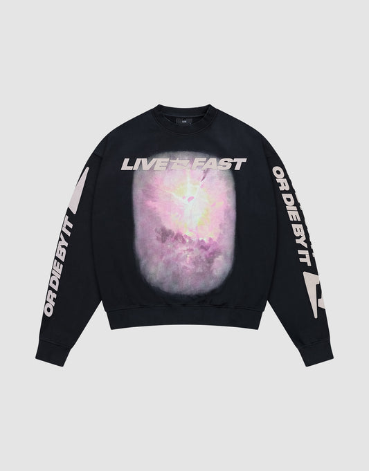 The LFDY Angel Sweater by LIVE FAST DIE YOUNG is a black oversize-fit crewneck in soft Baumwolle, featuring "LIVE FAST" on the chest, a large pastel abstract graphic in the center, and "OR DIE BY IT" text on both sleeves. | plain