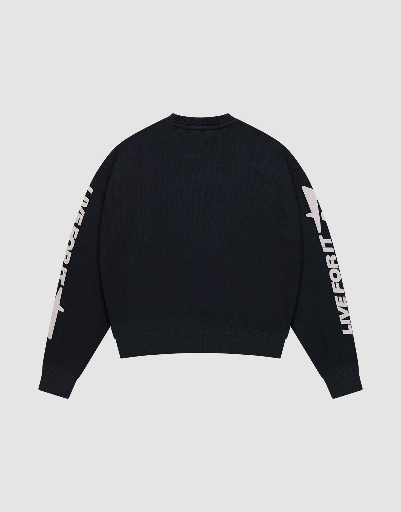 The LFDY Angel Sweater by LIVE FAST DIE YOUNG is a black oversized long-sleeve sweatshirt shown from the back, featuring "LIVE FOR IT" in bold white on both sleeves. Made from premium cotton with a subtle distress effect for a modern look.