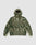 The Live Fast Teddy Jacket by LIVE FAST DIE YOUNG features a hood with visor opening, green/beige/white camouflage pattern, front zipper, and white panels on the lower sleeve sides, shown against a plain light gray background.