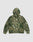 The LIVE FAST DIE YOUNG Live Fast Teddy Jacket features a hood, raglan sleeves, and a green, beige, and brown camo pattern. It's shown laid flat with the back facing up on a plain white background.