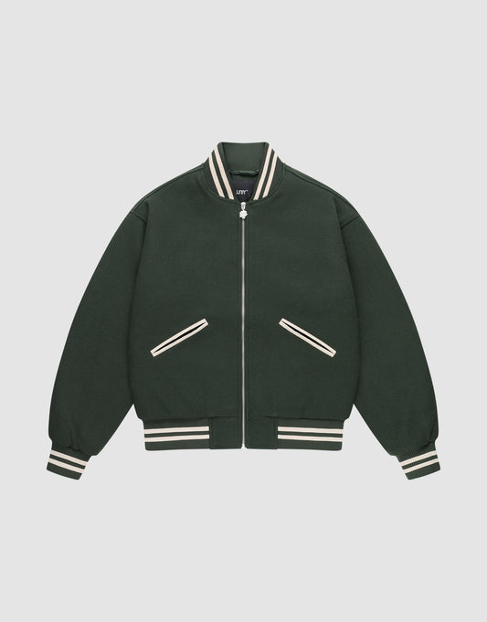 The Live Fast College Jacket by LIVE FAST DIE YOUNG is dark green with white trim, a DY-Reißverschluss zipper, two diagonal pockets, and stylish Rückenstick detail for extra flair.