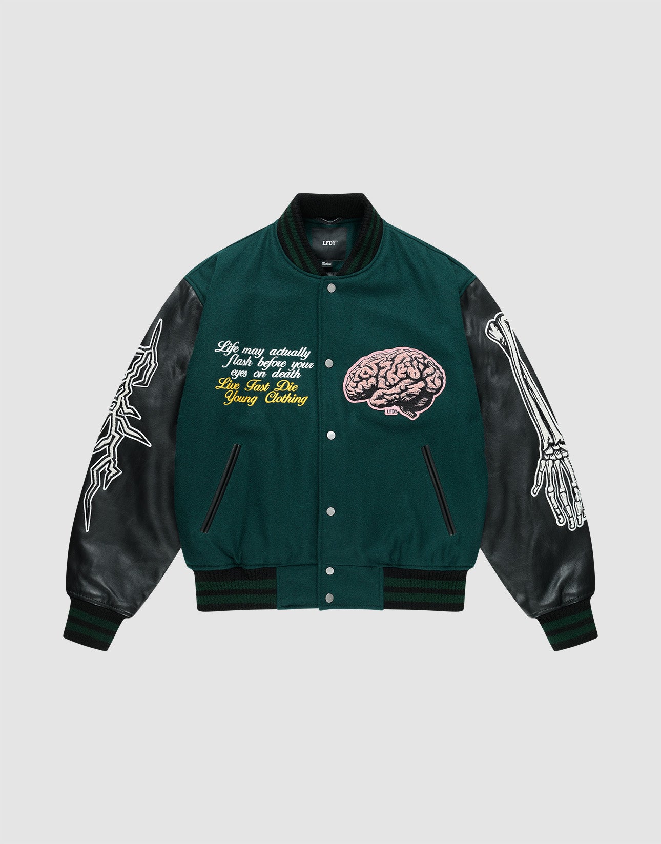 The LIVE FAST DIE YOUNG Life College Jacket is green and black with leather sleeves, a brain terry patch, embroidered text, skeletal arm designs, and ribbed green/black striped collar, cuffs, and hem in a regular fit.