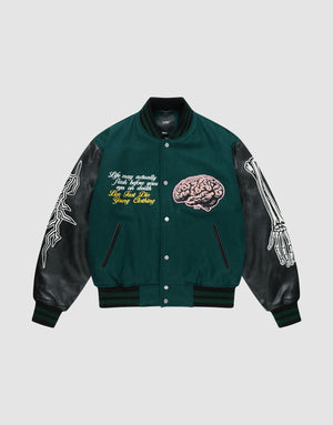 The LIVE FAST DIE YOUNG Life College Jacket is green and black with leather sleeves, a brain terry patch, embroidered text, skeletal arm designs, and ribbed green/black striped collar, cuffs, and hem in a regular fit. | plain