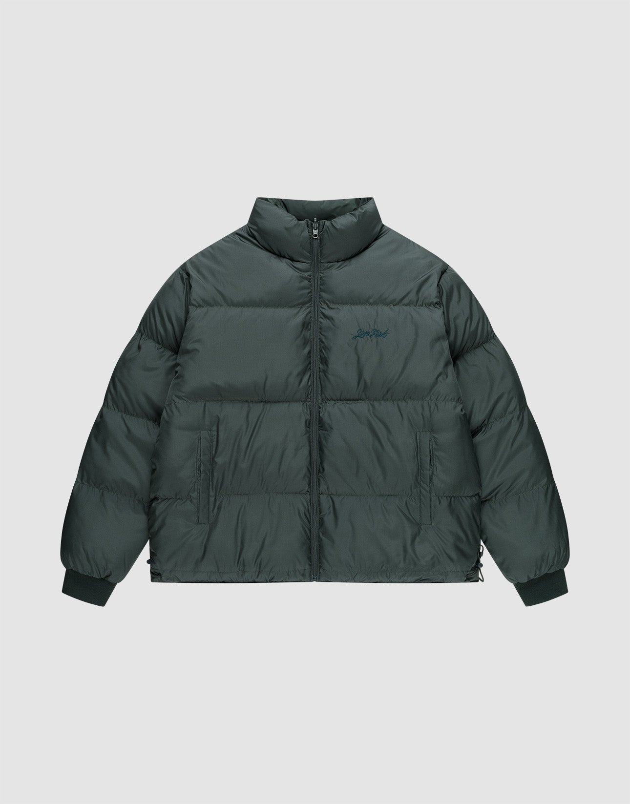The LFDY Puffer Jacket by LIVE FAST DIE YOUNG is a dark green, oversized jacket with a high collar, front zipper, side pockets, and elastic cuffs, shown against a plain light grey background. | plain