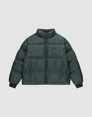 The LFDY Puffer Jacket by LIVE FAST DIE YOUNG is a dark green, oversized jacket with a high collar, front zipper, side pockets, and elastic cuffs, shown against a plain light grey background. | plain