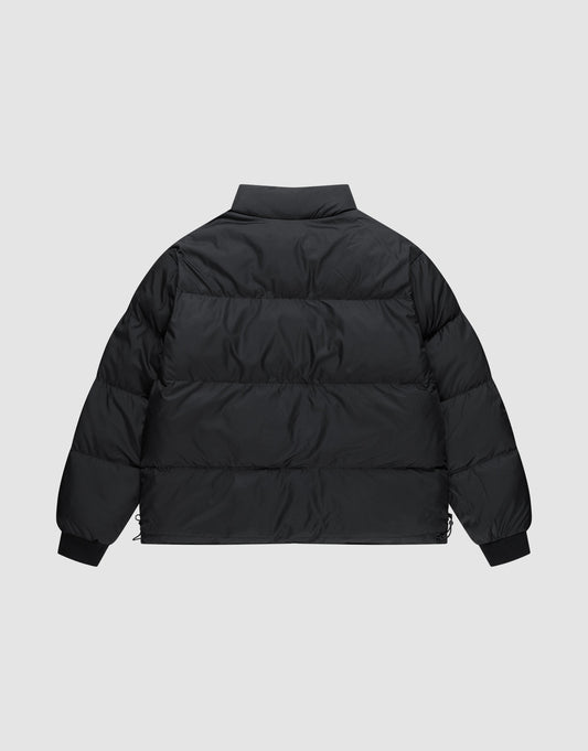 A back view of the LFDY Puffer Jacket by LIVE FAST DIE YOUNG in black, featuring a high collar, horizontal quilting, and an oversized fit for comfort and style, shown against a plain light gray background.