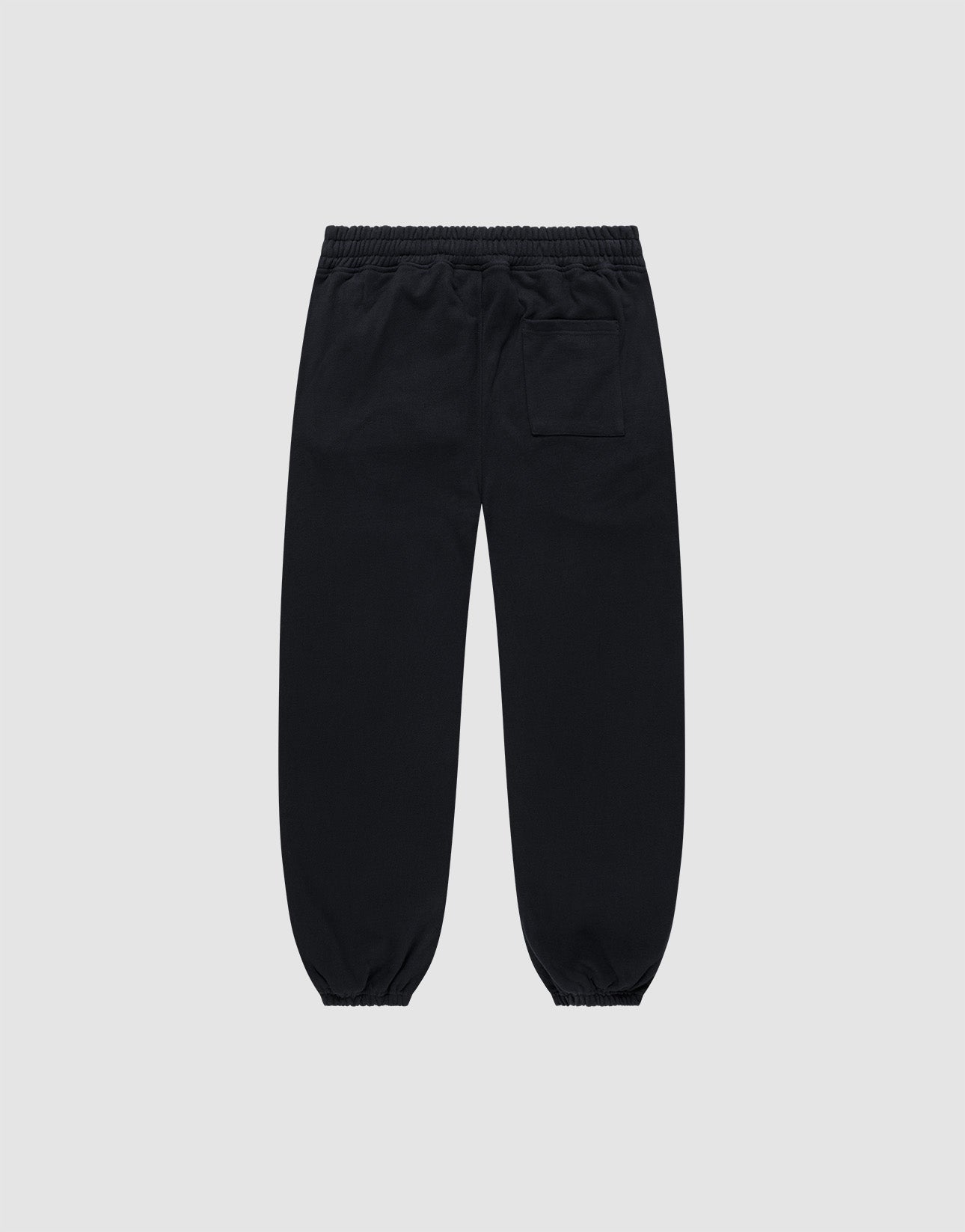 The DY Loose Jogger by LIVE FAST DIE YOUNG: black cotton sweatpants with a loose fit, elastic waistband and cuffs, and a right-side back pocket, shown from the rear on a plain light gray background.